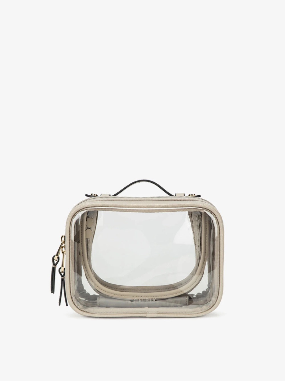 Calpak Clear Cosmetic Case with Beige Trim and Black Handle